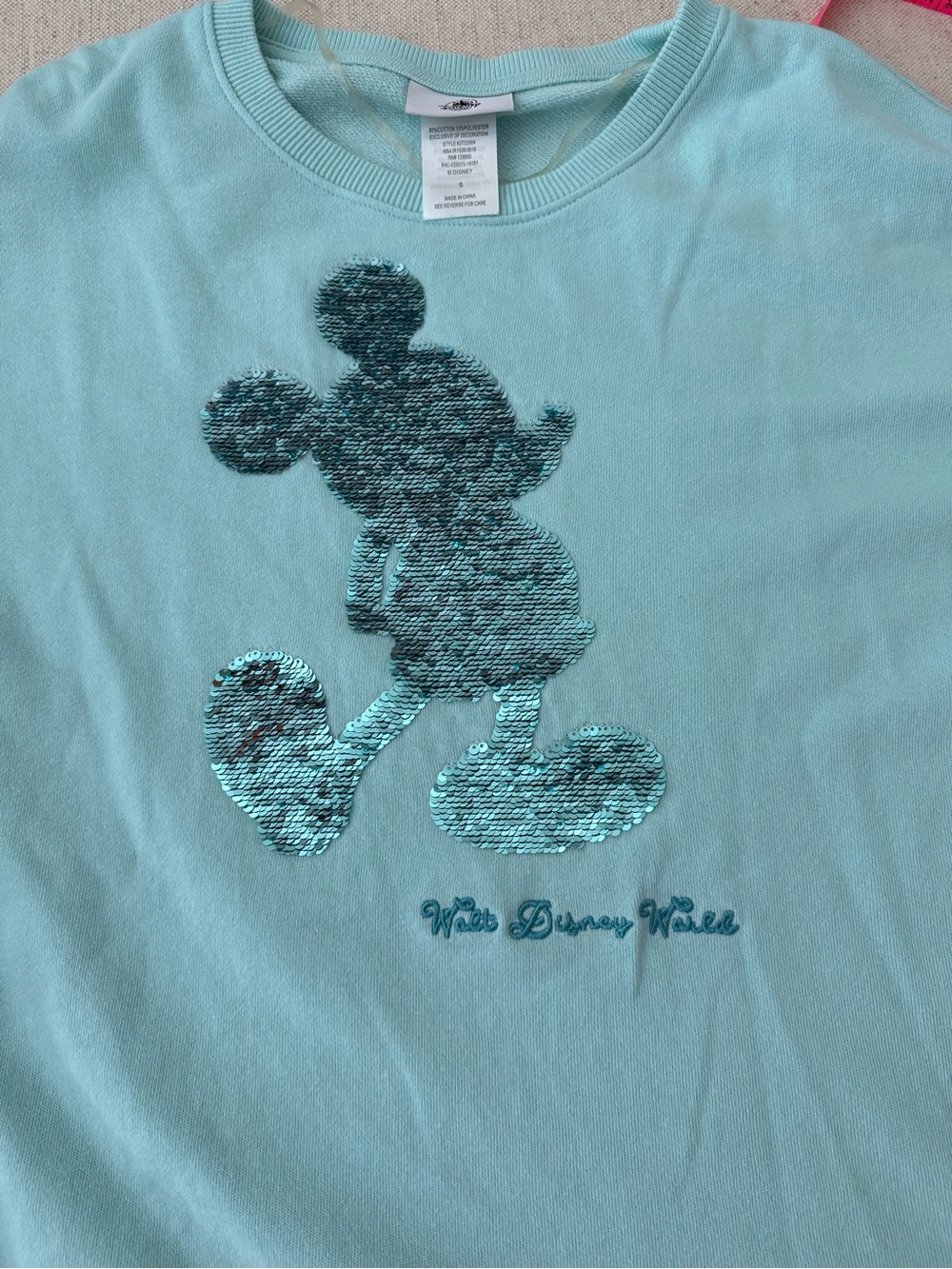 Walt Disney World Sequined Mickey Sweatshirt- Aqua, size Medium.